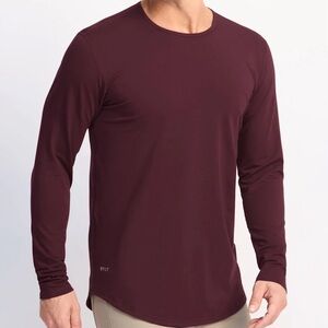 BYLT Burgundy Drop Cut Long Sleeve Lux T Shirt Mens Size S Crewneck Curve Hem